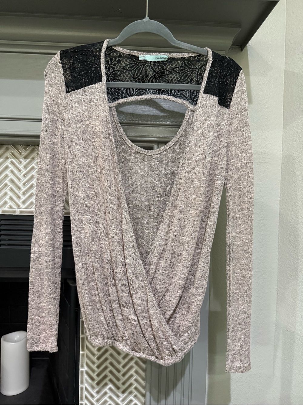 Maurices Taupe Knit Surplice Long-Sleeve Top with Black Lace Yoke